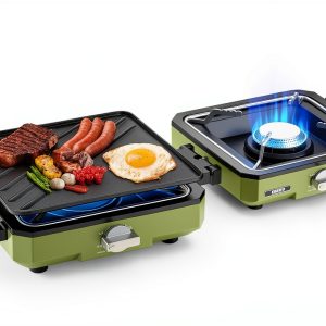 ODSD 2 Burner Camping Stove with Windshield, 20000 BTU Propane Camp Stove, Portable Folding Gas Stove, Camping Essentials Gear Includes Frying Pan, Coffee Stand & Carry Bag, Green-0